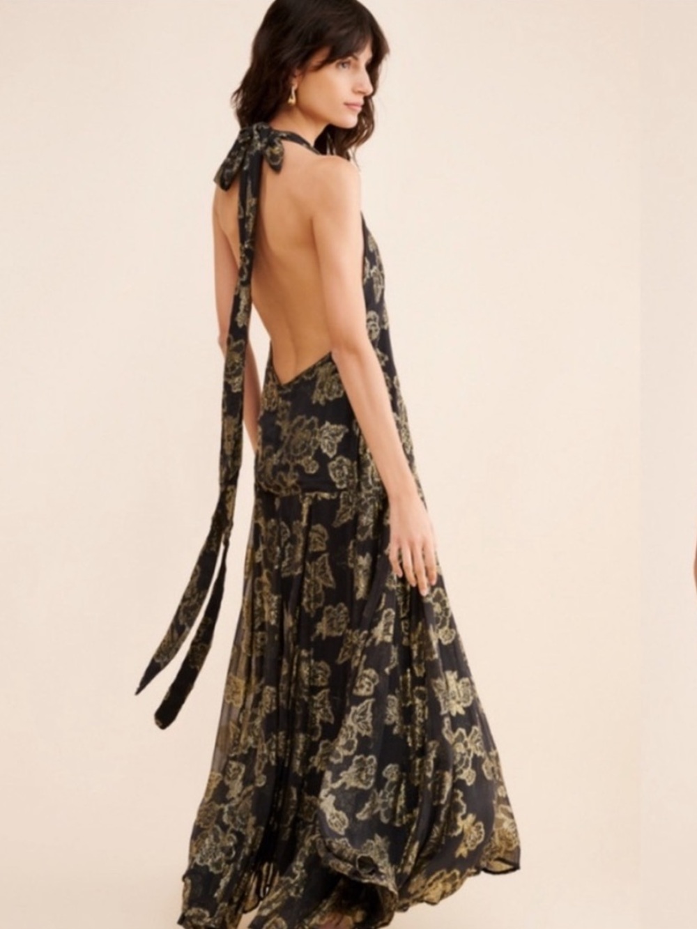 Free People Holding on convertible black and gold foil flowers maxi dress Sz S - Picture 4 of 17